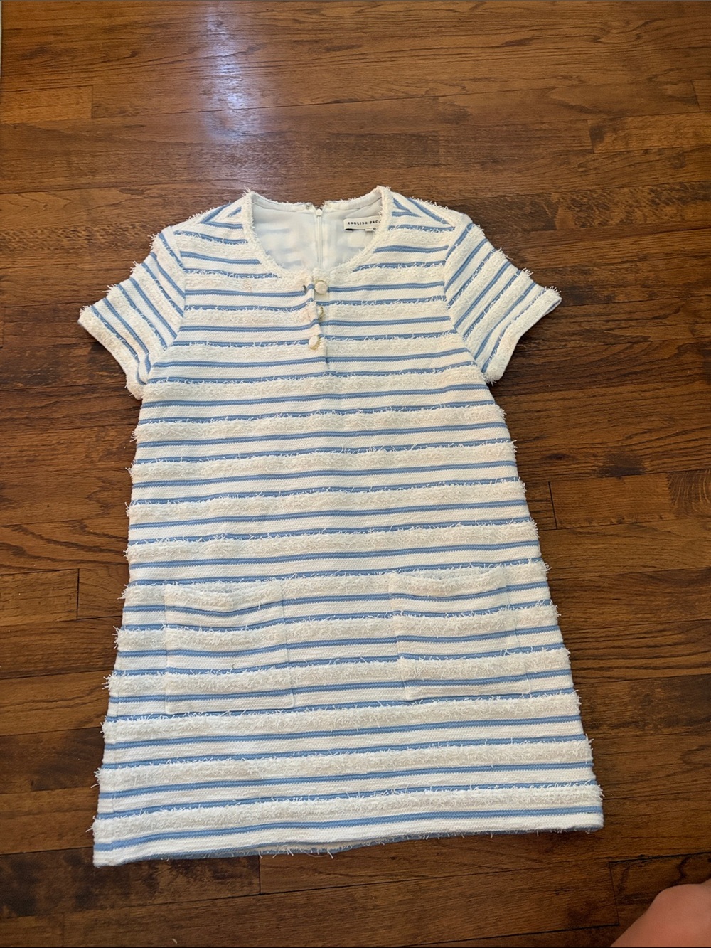 English Factory White and Light Blue Striped Short Sleeve Shift Dress